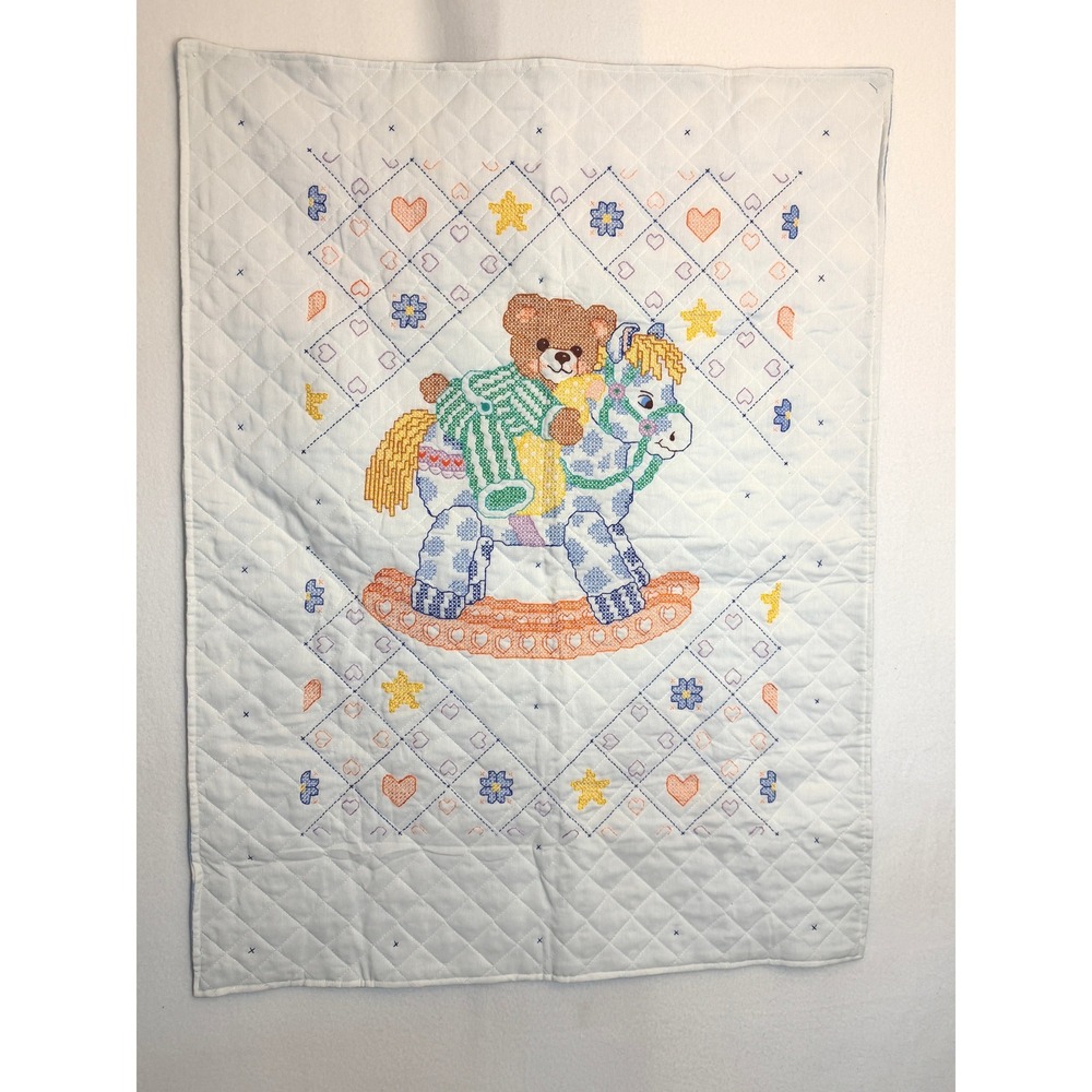 Handmade Cross Stitch Baby Quilt Teddy Bear Rocking Horse Cloud Print 37x27.5